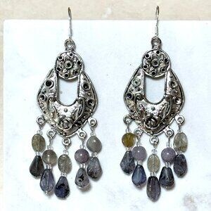 Genuine Iolite & Labradorite Victorian Rose Chandelier Earrings w/ Silver Hooks
